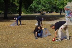 Vier Helfer bücken sich auf einer laubbedeckten Wiese im Park und sammeln Müll in durchsichtige Säcke.