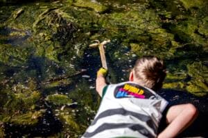 Ein Junge in World-Cleanup-Day-Weste beugt sich über das Ufer und angelt mit einer Holzgreifzange Müll aus einem mit Algen bedeckten Teich.