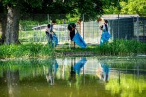 Drei Schüler mit blauen Säcken sammeln am Ufer eines Teichs Müll, ihr Spiegelbild ist im Wasser zu sehen.