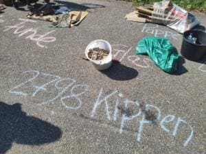 Auf dem Asphalt steht mit Kreide 2798 Kippen geschrieben, daneben ein Eimer voller Zigarettenstummel und sortierte Haufen mit Pappe und Glas.