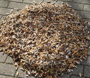 Ein großer Haufen gesammelter Zigarettenstummel liegt auf grauem Pflaster.
