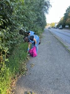 Zwei Frauen in blauen Warnwesten sammeln mit pinken Säcken Müll aus einer Hecke am Rand eines Gehwegs an einer Hauptstraße.