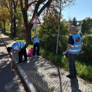 Drei Personen in blauen World-Cleanup-Day-Warnwesten sammeln Müll auf einem gepflasterten Gehweg unter Bäumen.